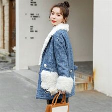 时尚拼接羊毛羔毛呢大衣女冬季新款加厚保暖外套显瘦百搭气质上衣，女装棉衣/棉服，秋水欣儿