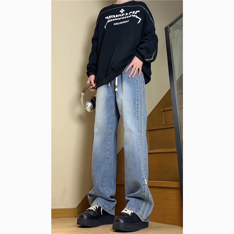 条纹牛仔裤男生秋冬季贴标织带拼接水洗做旧潮牌宽松直筒阔腿长裤，男装牛仔裤，星座815A