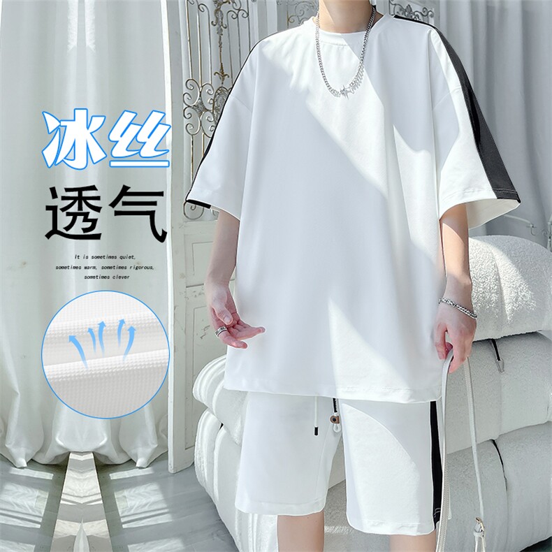 特批P55无差价夏季冰丝凉爽垂感拼接撞色运动短袖短裤套装男TZ302图片