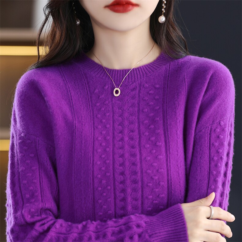 时尚百搭女士秋冬圆领羊毛衫羊毛绞花简约显瘦毛衣,女装羊毛衫,天佑贝依