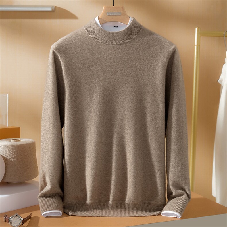 2025年秋季新款十二针平面半高针织男士羊绒衫时尚休闲通勤百搭，男装羊绒套衫，高粱穗羊绒