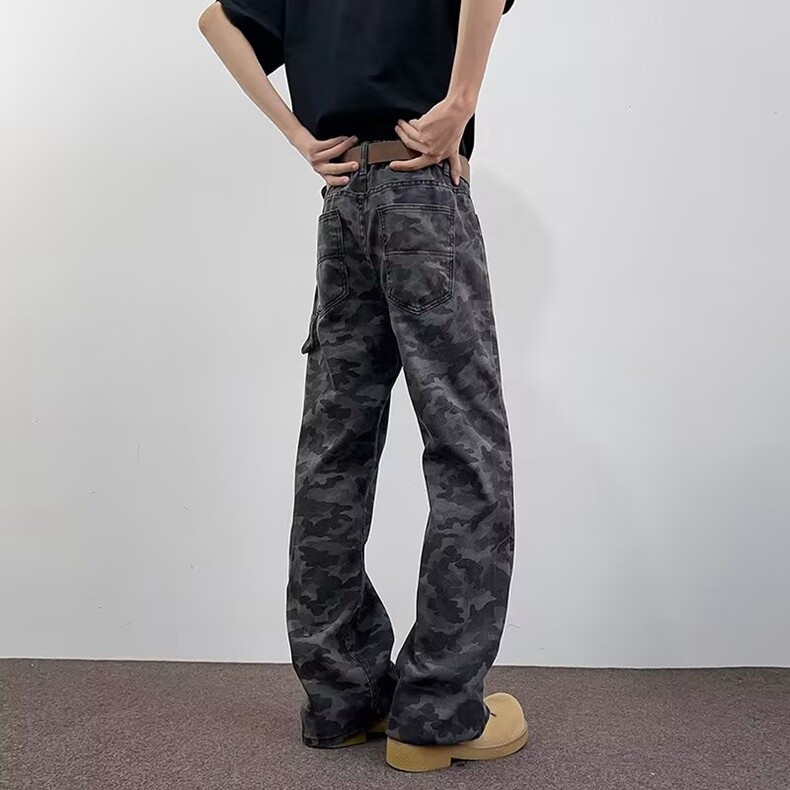 水洗复古伐木迷彩牛仔裤男款夏季美式高街宽松休闲百搭直筒阔腿裤,男装牛仔裤,星座218-8