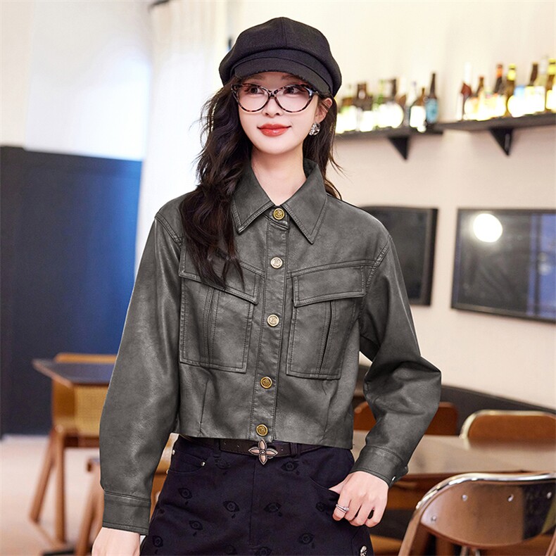 春装现货】美拉德网红风格皮衣小个子减龄外套2024年春季,女装皮衣,韩蜜菓