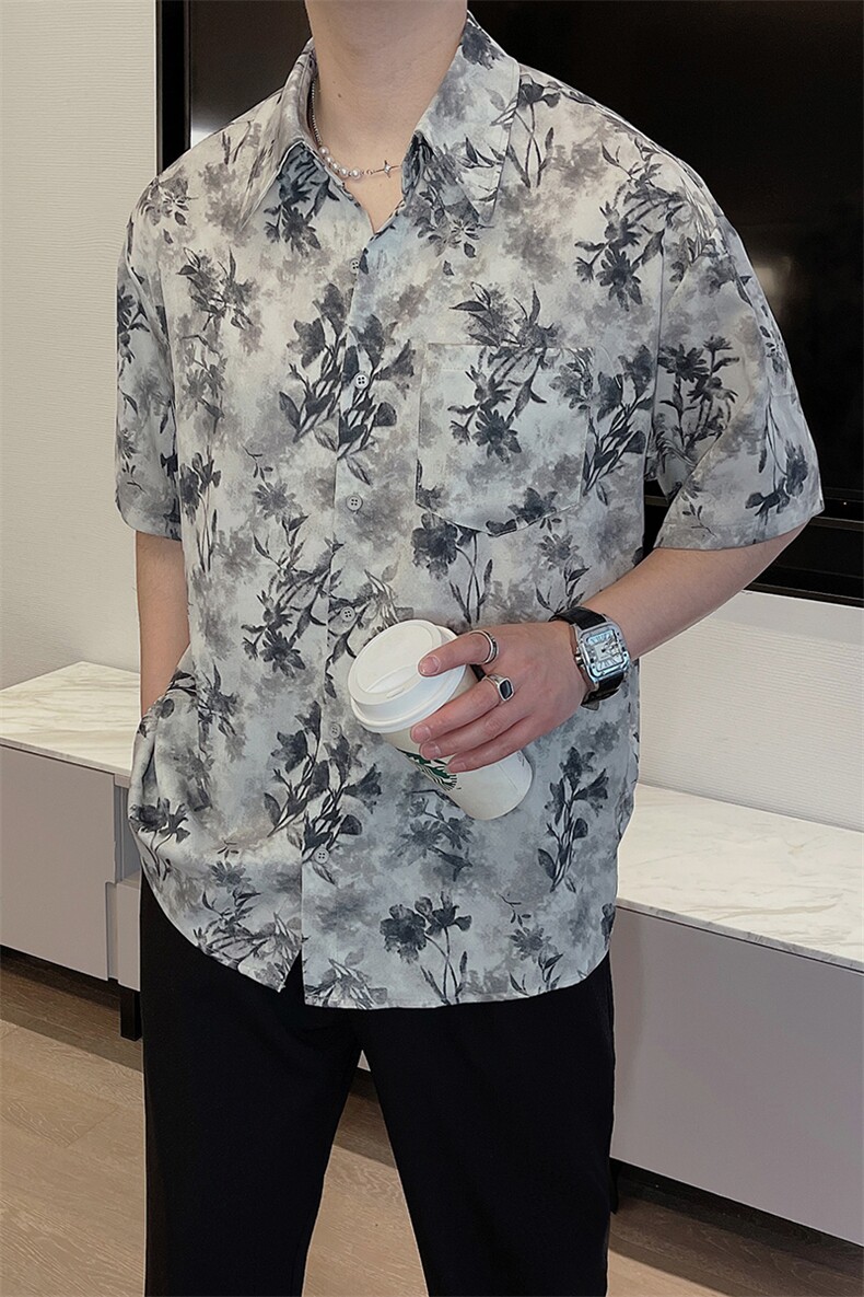 夏季新款免烫风短袖花衬衫男高级感痞帅宽松半袖衬衣潮0253-P53,男装T恤,电商B267