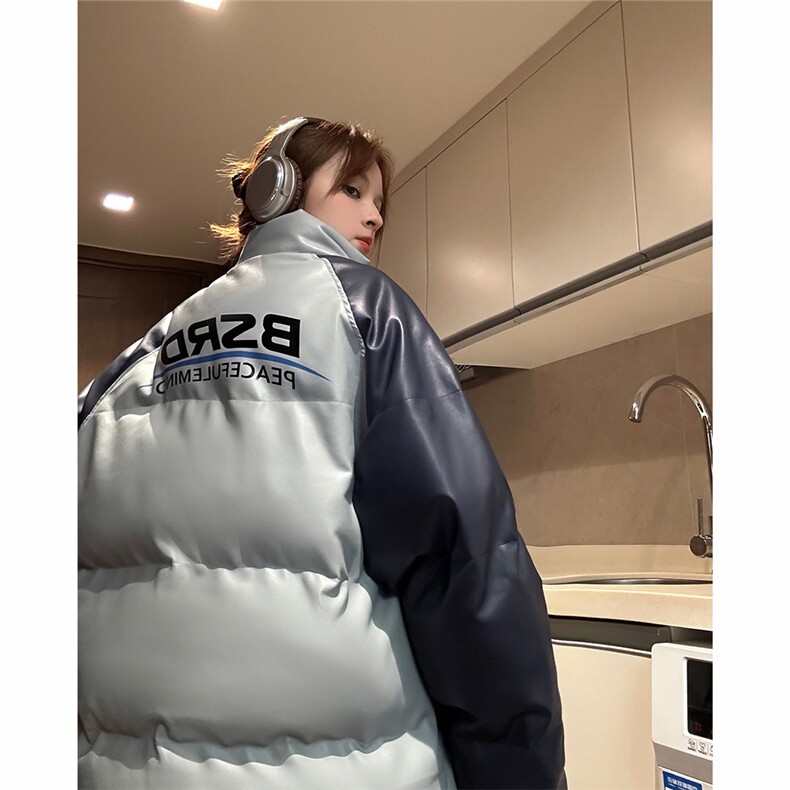 EQ346PU皮棉衣撞色油墨印花冬季加厚面包服外套男女情侣装2023,男装棉衣,电商C306-1