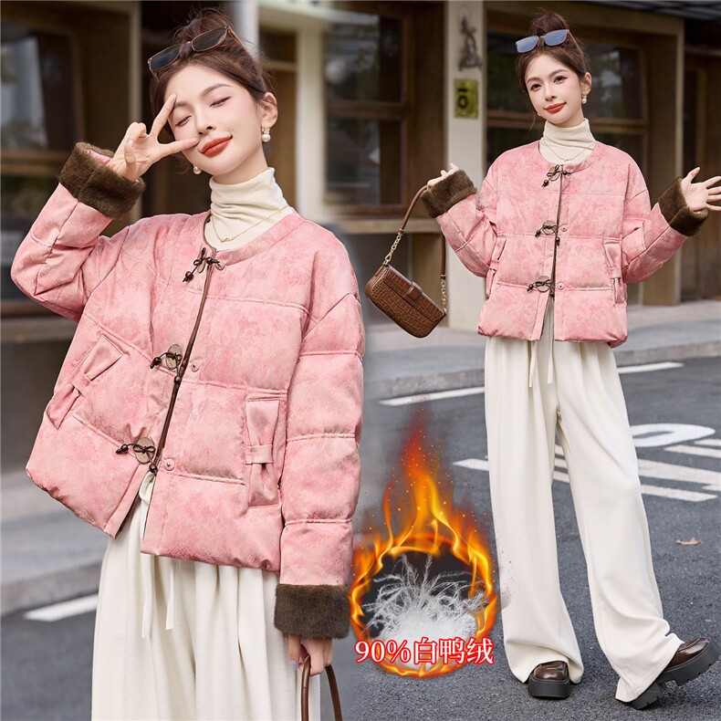 【bao款新年战袍】2025冬装新款仿貂毛提花羽绒服外套含90%白鸭绒,女装羽绒服,雅静靓衣
