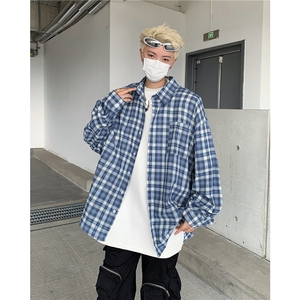 春秋款日系复古条纹翻领格子衬衫男士长袖衬衣外套潮牌 CW1385图片