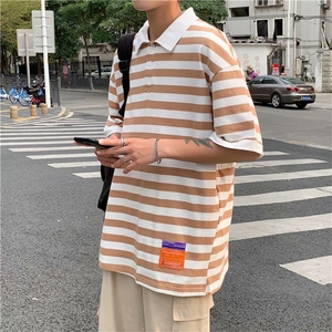 2021夏季新款POLO衫男港风潮流条纹t恤短袖痞子帅气上衣W389-P32图片