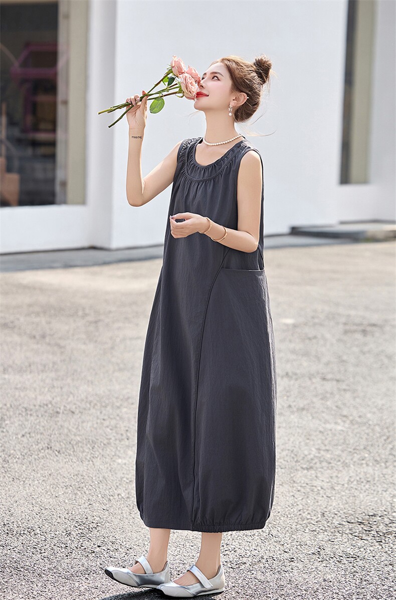 2025年夏季薄款休闲风长裙无袖圆领套头宽松腰裙,女装连衣裙,秀美人生