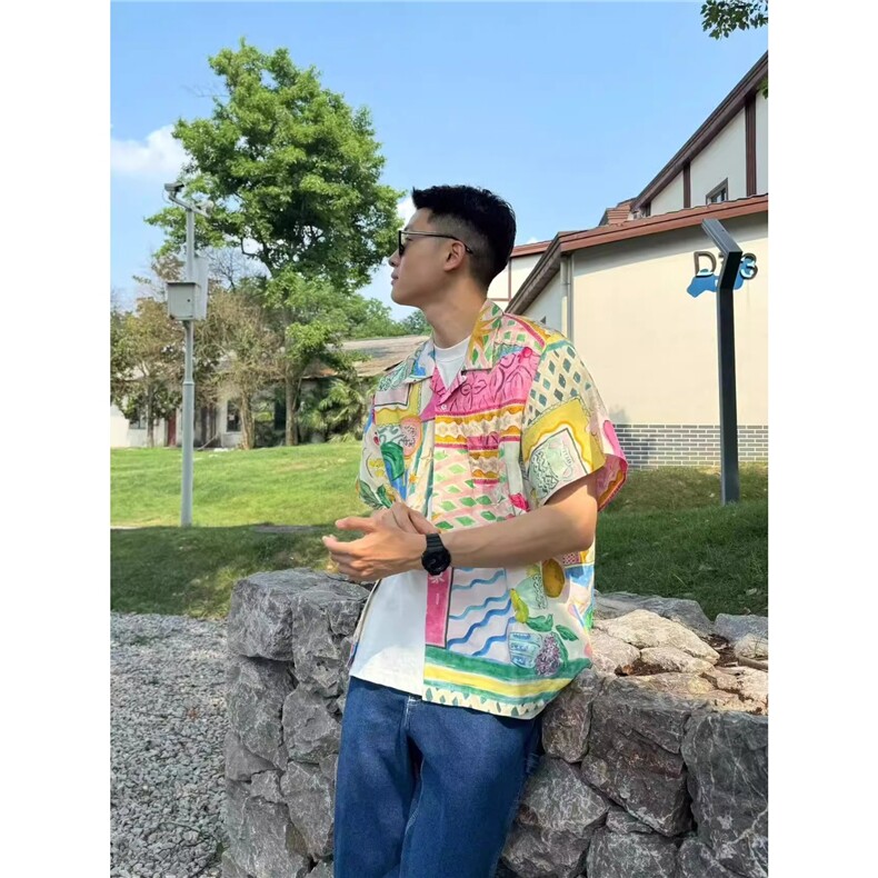 夏威夷短袖花衬衫男女夏季凉感复古油画宽松衬衣外套休闲情侣上衣,男装T恤,星座506A