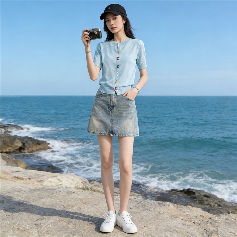 欧货时尚设计感套装女夏新款圆领彩色纽扣针织衫短袖牛仔裙两件套,女装套装/套裙,江南