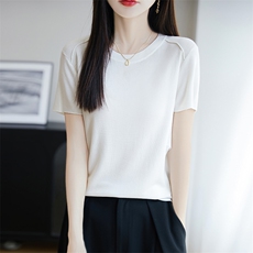夏季新款桑蚕丝针织短袖T恤女莱赛尔天丝纯色上衣宽松打底衫半袖，女装针织衫/毛衣，朝思羊绒