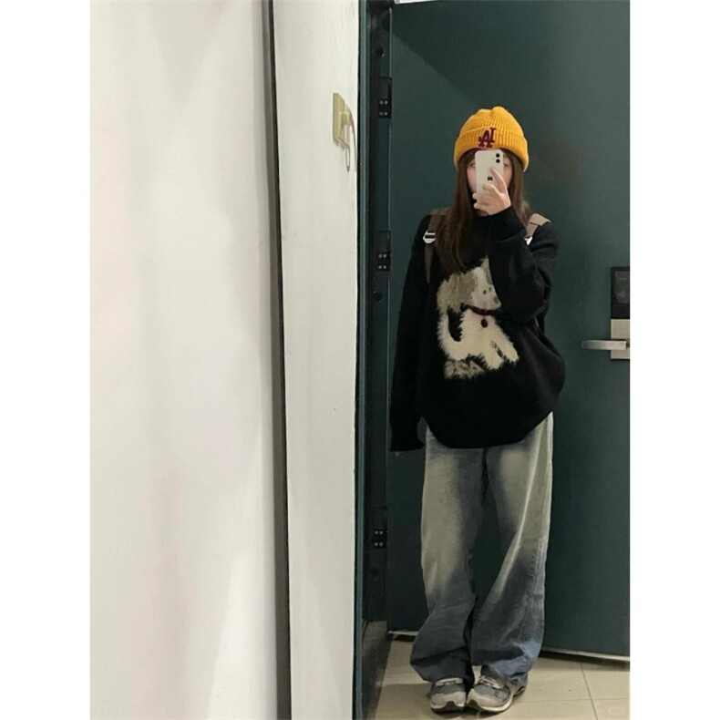 潮牌情侣美式「毛绒小狗提花毛衣」休闲套头针织衫zzs141P55,男装针织衫/毛衣,电商D256-1(原A064-1)