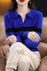 翻领羊毛衫女2024秋冬新款洋气小众设计感无钢圈坑条内搭长袖，女装羊毛衫，佑昭祥羊绒