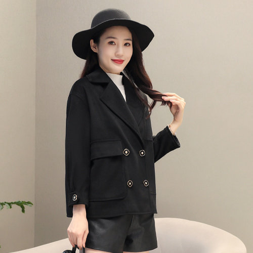 2022年冬季季新款休闲韩版宽松短款翻领毛呢纯色外套大衣,女装毛呢外套,霓裳依族