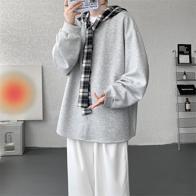 WY10143-特p49控88设计感高质感大帽子连帽格子撞色大码卫衣男,男装卫衣,电商A059