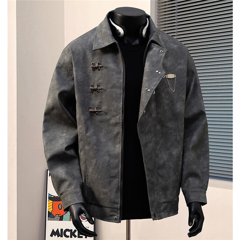 抖音148大码M-5XL皮衣男铁扣链子设计情侣夹克77083P105，男装皮衣，星座227-7