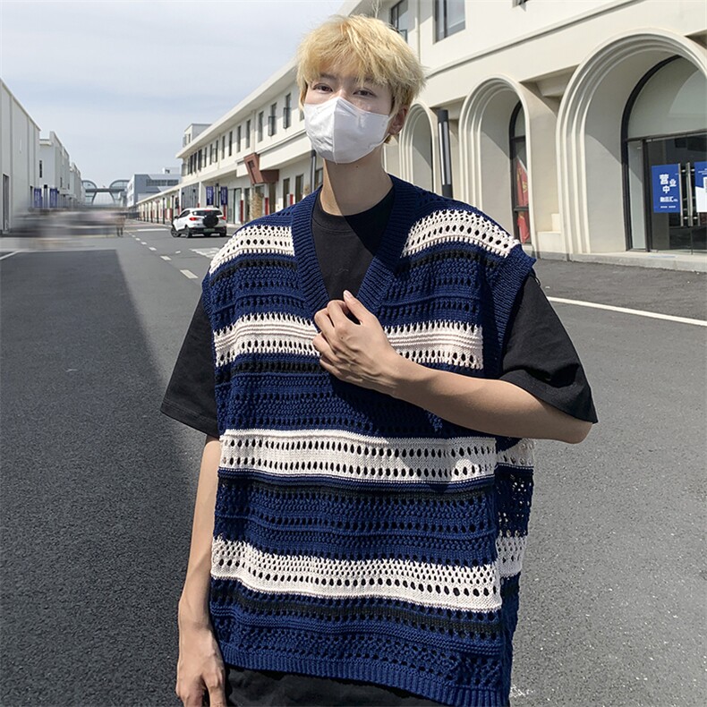 针织背心男韩版潮流条纹V领帅2024夏季新款ins宽松外套W4845-P35,男装背心/马甲,星座412-3