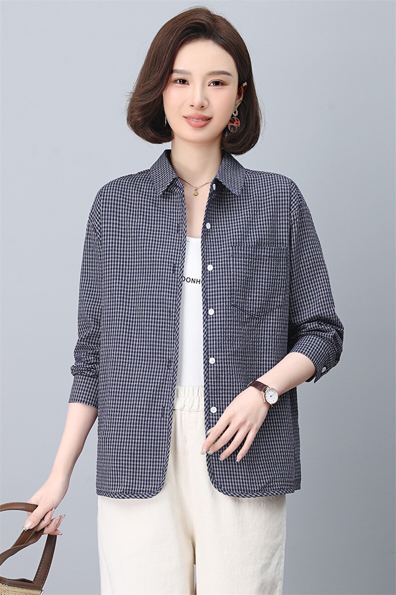 格子衬衫女春秋2024年新款宽松薄款妈妈时尚洋气休闲纯棉长袖上衣,女装衬衫,小林双子