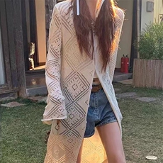 针织开衫女春夏季2025新款设计感小众上衣长袖外搭长款薄镂空罩衫，女装针织衫/毛衣，萱芳婷羊绒