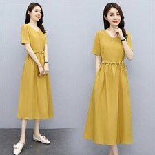 2021夏季新款简约气质减龄V领时尚腰部抽绳系带收腰修身连衣裙，女装连衣裙，多彩