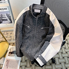 2025春美式机车磨砂拼皮潮棒球服飞行皮衣男女夹克外套W6046-P81，男装夹克，星座412-3