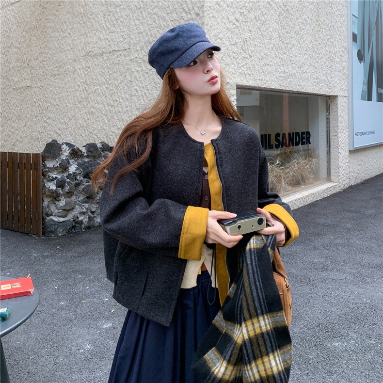 小个子设计感休闲韩系双面呢羊毛大衣拼色毛呢短外套女冬，女装毛呢外套，浙宝136