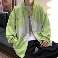 2022撞色拼接设计感百搭开衫卫衣复古绿色夹克外套男W5137-P57，男装卫衣，星座512-2