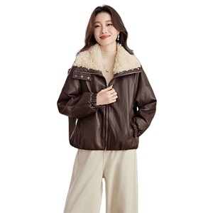 羽绒服仿羊羔毛领PU皮衣女冬保暖外套上衣大衣图片