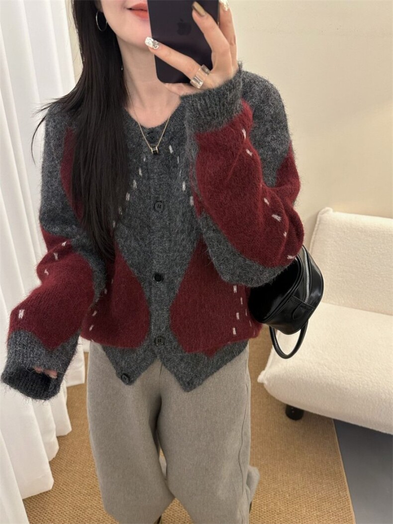 592羊驼长毛菱格开衫2025年冬季女针织外套，女装羊毛衫，臻纶羊绒