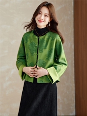 在仓~2025年冬季油丝提花带里布guo风圆领长袖外套单排扣插肩袖，女装短外套，新依时派