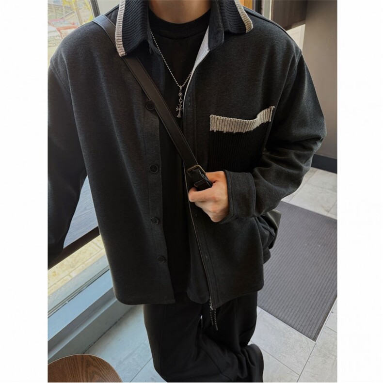 2025秋季新款撞色翻领老钱风长袖外套男宽松休闲百搭长袖卫衣开衫，女装短外套，四季星座505