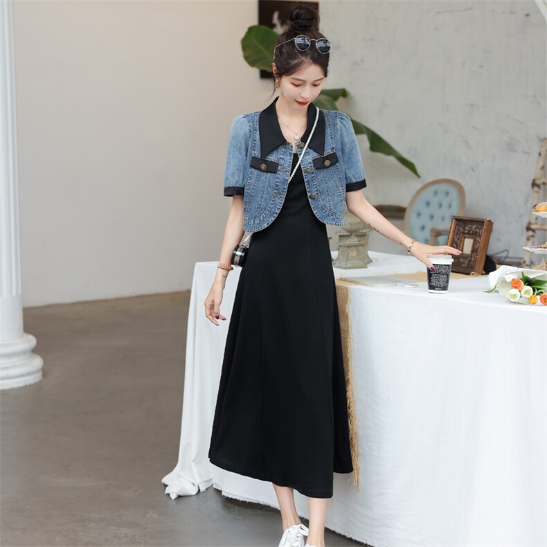 法式复古牛仔短袖外套时尚套装女夏季高级感黑色吊带连衣裙两件套，女装套装/套裙，靓星雨