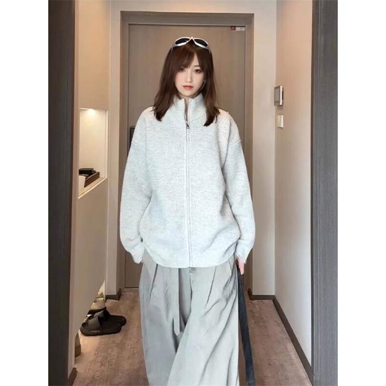 重磅秋冬北极绒双拉链毛衣开衫美式复古休闲慵懒风宽松针织衫外套,男装针织衫/毛衣,电商A486-1