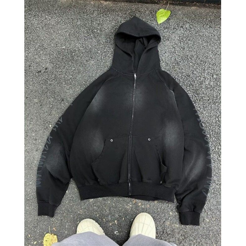 美式复古泥染做旧连帽卫衣贴布开衫拉链oversize情侣帽衫秋冬W282图片