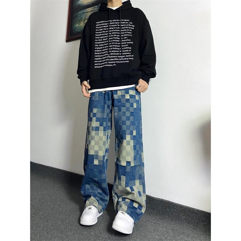 网络图现货潮牌美式原版质量马赛克蓝色格子牛仔裤J519-P42,男装牛仔裤,星座715-7