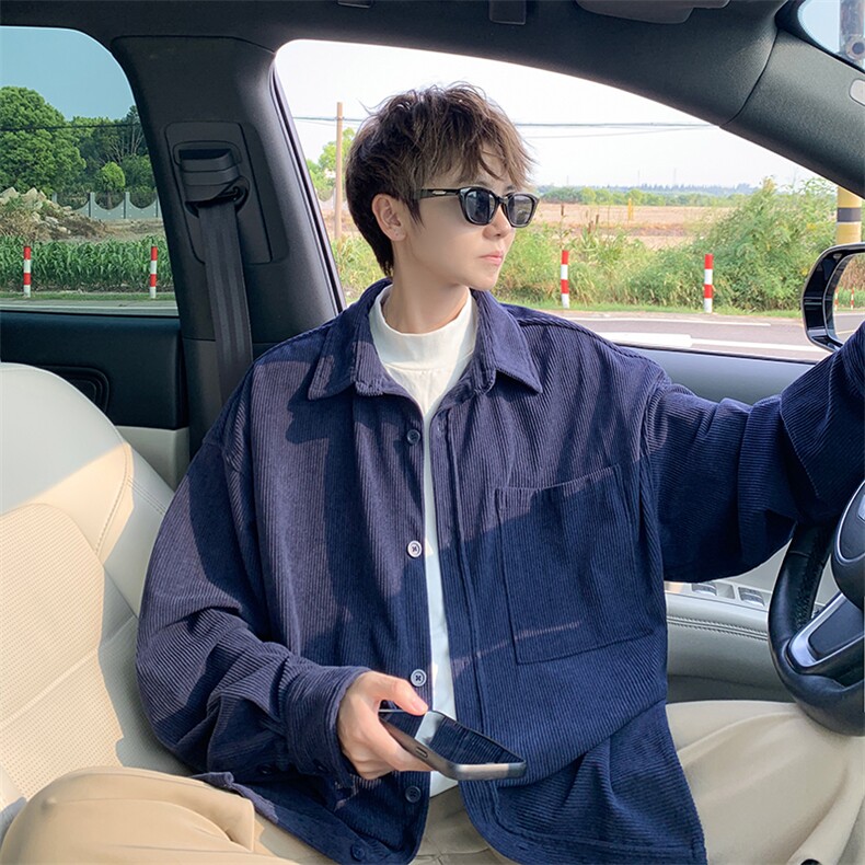 8XL-M灯芯绒衬衫特大码复古秋冬翻领长袖上衣纯色外套CS9001/P58，男装衬衫，电商B238