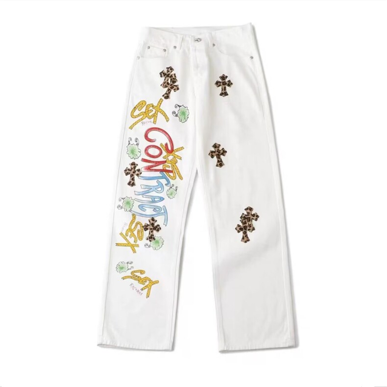 重工拼皮梵文刺绣十字架高街牛仔裤长裤修身裤男女同款K88P58，男装皮裤，星座1013-5
