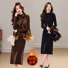 冬季新款重工小立领新中式立体花卉刺绣加棉真毛马甲两件套裙女，女装套装/套裙，央宝儿