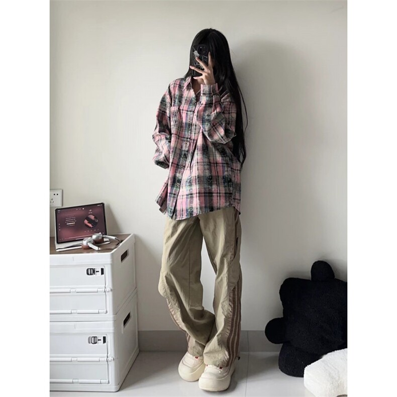 【有货】粉色格子衬衫男女款vintage美式复古长袖衬衣C54WW-特P45,男装衬衫,星座1007（原301D）