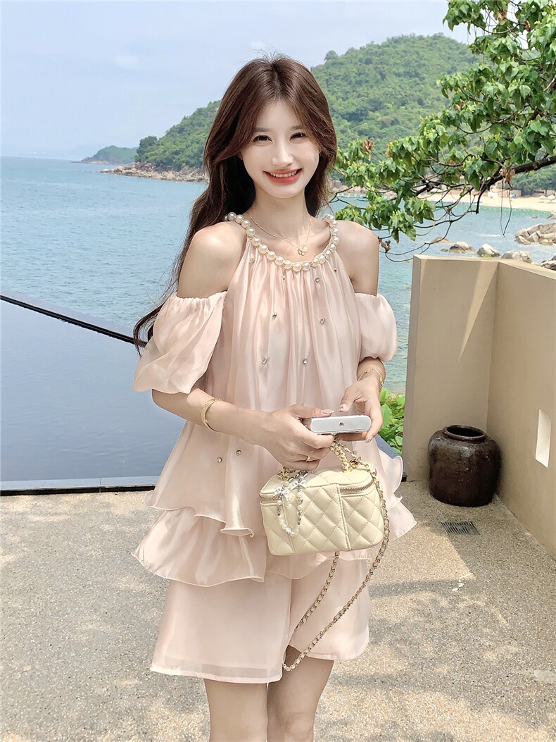 主推新款P185-K275富家千金露肩泡泡珍珠挂脖镶钻套装,女装套装/套裙,网红馆