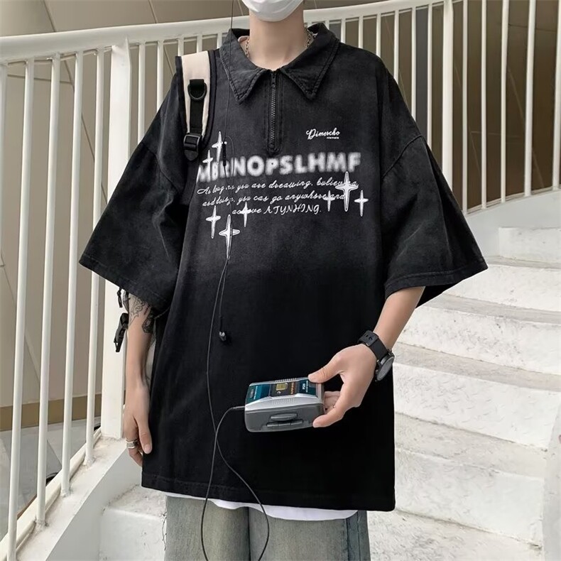 翻领短袖T恤男百搭休闲打底五分袖POLO衫洗水做旧渐变HT107P40,男装Polo衫,星座1116-2