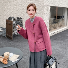 牛角扣玫粉色双面呢羊毛短外套女冬季2025新款小个子流行爆款超火，女装毛呢外套，2C261