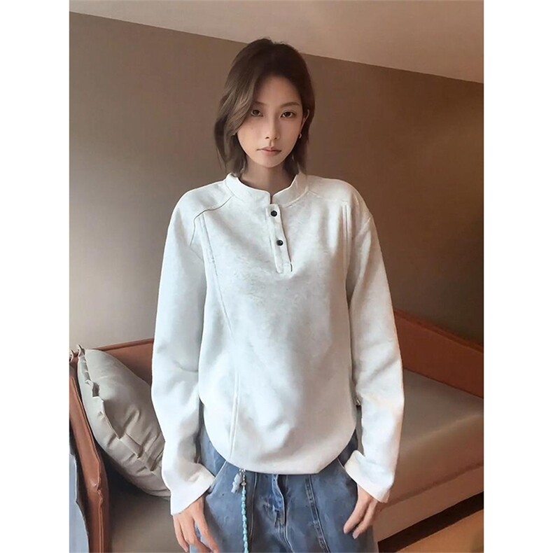 抖音得物品质美式高街重磅曼巴棉拼接cleanfit亨利领卫衣长袖T恤,男装T恤,电商A486
