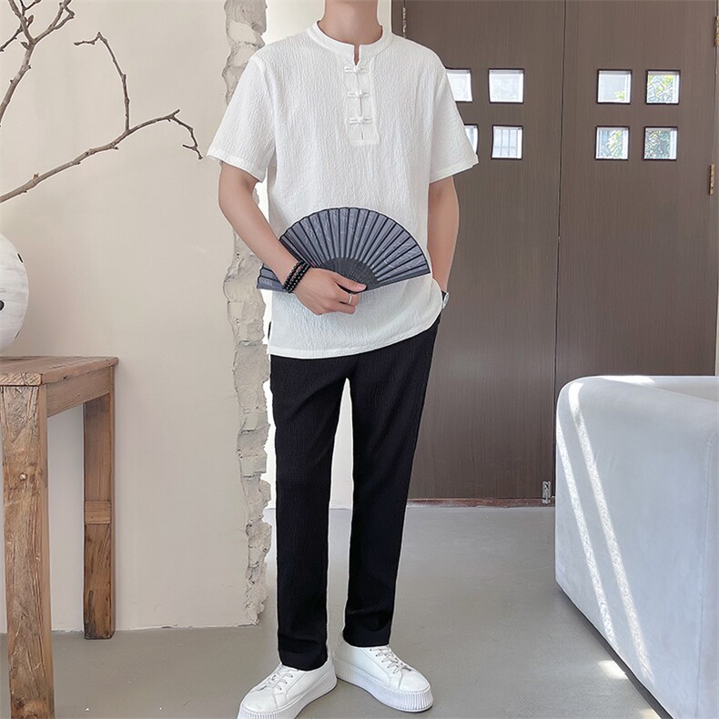 中式褶皱盘扣运动休闲套装男士舒适轻薄透气短袖T恤两件套TZ400,男装T恤,星座305A（原312A-1）
