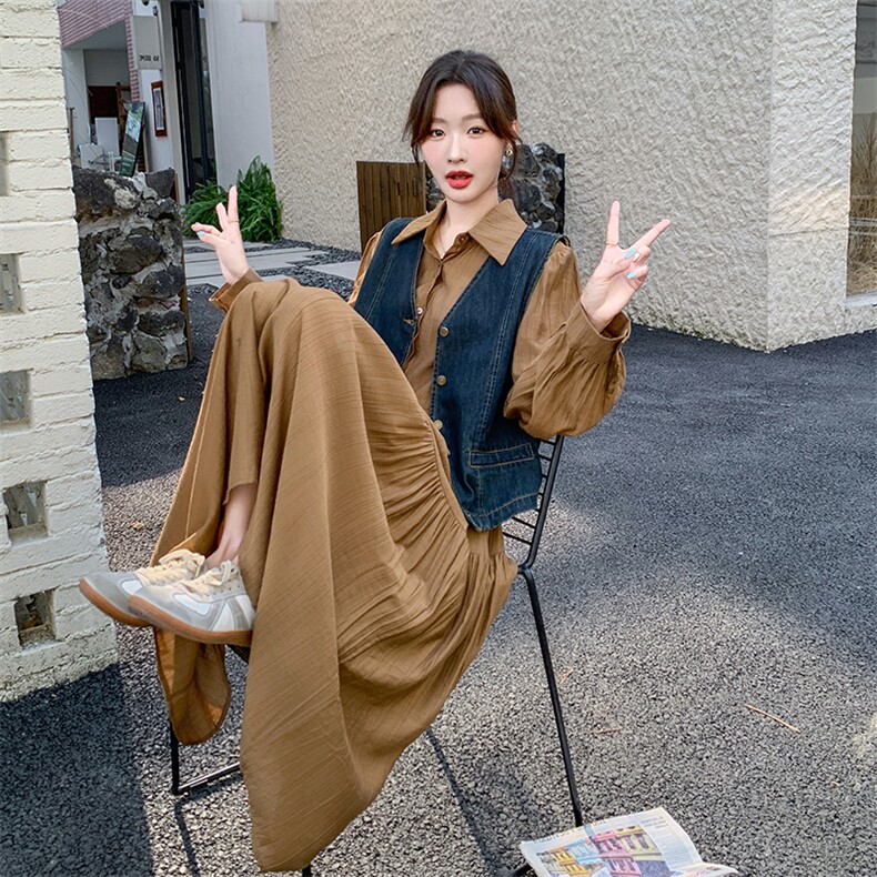 今年流行长袖连衣裙套装女2026春秋新款温柔风显瘦牛仔马甲两件套,女装套装/套裙,印象茜