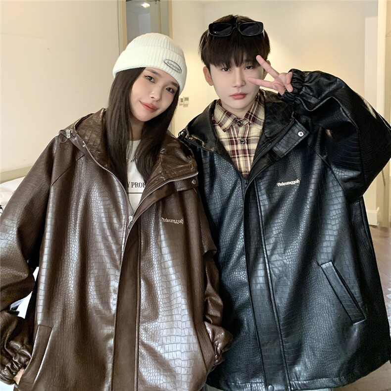 1港风连帽鳄鱼纹PU皮大码M-5XL情侣女冲锋衣夹克男JK8744P90控128,男装夹克,星座226-2