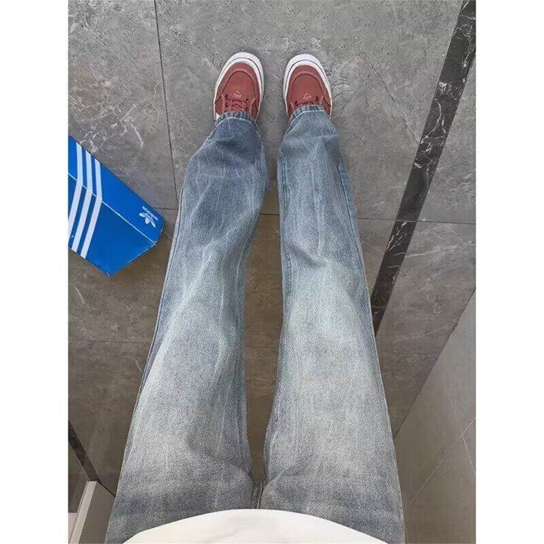 蓝色闪电竹节纹牛仔裤男秋季美式高街vibe裤子提档显瘦直筒微喇裤图片