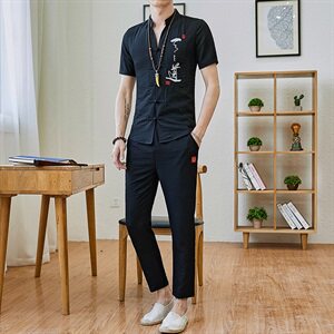风套装男士短袖t恤2021夏季韩版潮流修身棉麻两件套DS66图片