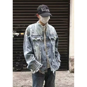 水洗做旧流苏毛边牛仔夹克男女复古潮牌休闲情侣外套上衣 J8896图片